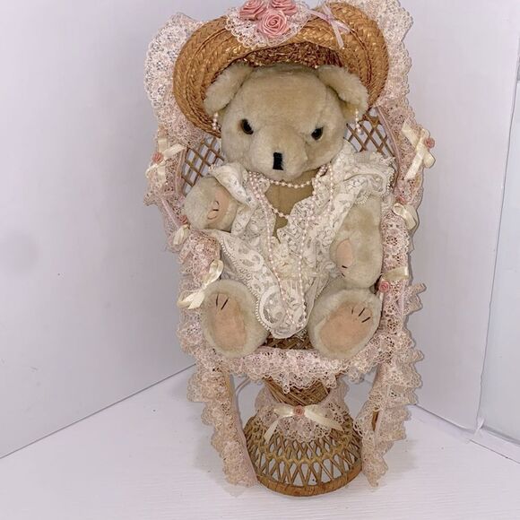 Vintage Victorian Style Teddy Bear in Lace Outfit Sitting In Wicker Chair - Picture 9 of 9